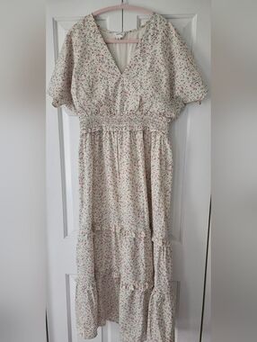 Heyson Medium Women's Floral Maxi Dress White/Cream Pink Flowers, Like New